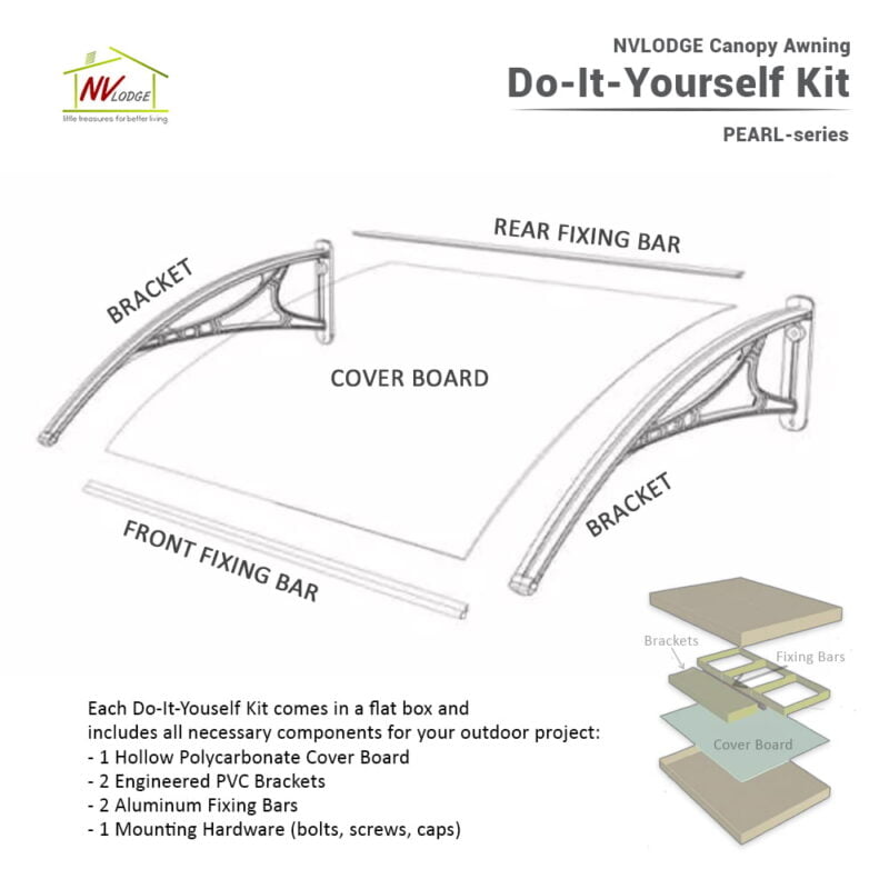 Pearl Series DIY Kit NVLodge Awning Canopy DIY DoItYourself Solid Polycarbonate Cover Board PVC Brackets